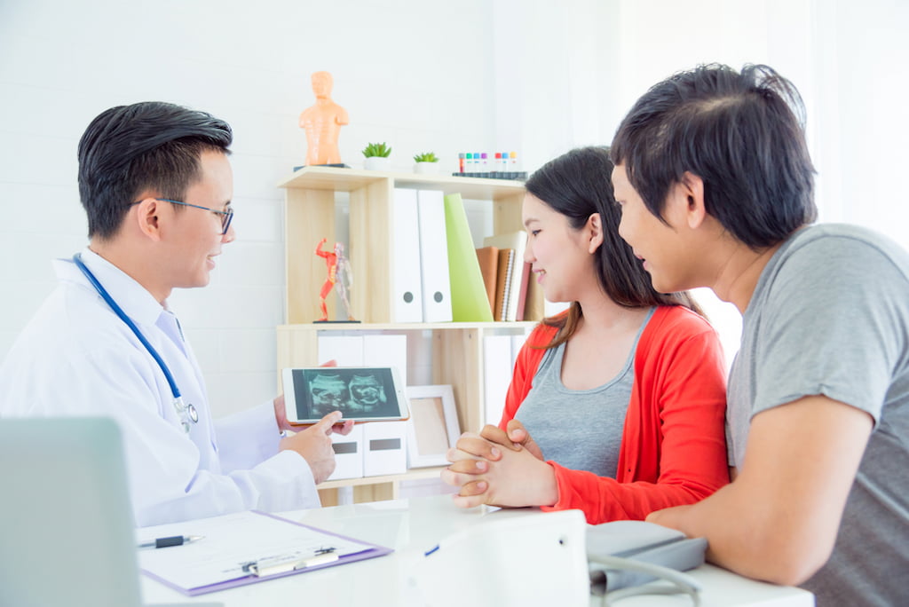 Doctor and couple discuss stem call IVF treatment.